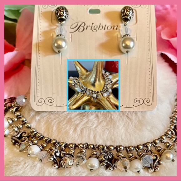 Brighton Jewelry - 💒BRIGHTON NECKLACE EARRINGS BRACELETS MATCHING 3 Pc SET ~ PEARL CRYSTAL
